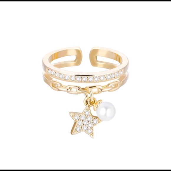 Gold Color Ring for Women Classic Adjustable Imitation Pearl CZ Star Pendant - Picture 6 of 7